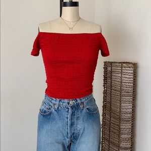 Brandy Melville red smocked off shoulder Charlene